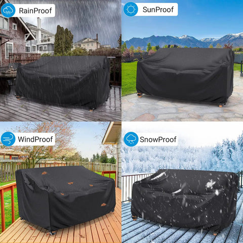 Heavy Duty Waterproof Patio Sofa Cover For 2-Seater Loveseat, Outdoor Furniture Cover With Air Vents And Handles, 60W X 34D X 30H, Black, UV Protection, Fits Most Standard Outdoor Sofas, illustrating rain, sun, wind, and snow resistance features.
