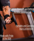Close-up of a person using an Arm Blaster For Biceps Lightweight Durable And Ready For Intense Curl Sessions Anywhere with dumbbells.