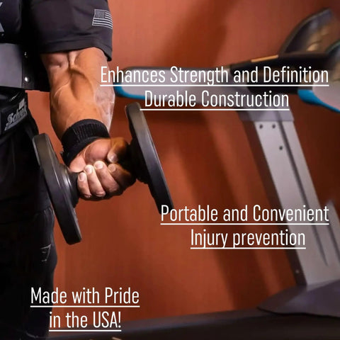 Close-up of a person using an Arm Blaster For Biceps Lightweight Durable And Ready For Intense Curl Sessions Anywhere with dumbbells.