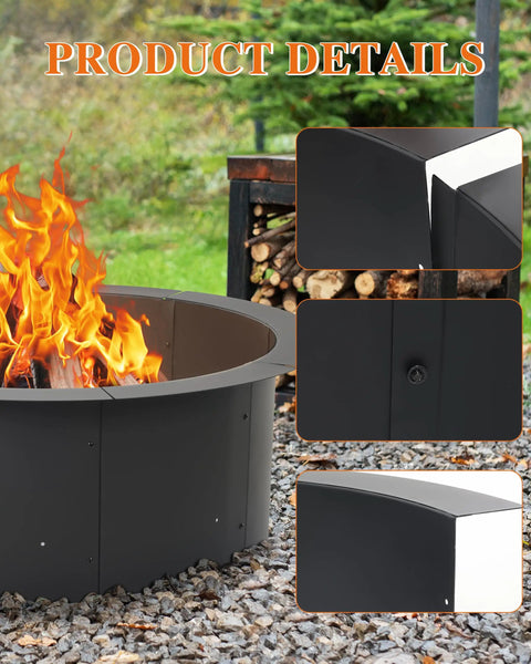 36 Inch Heavy Duty Fire Pit Ring For Outdoor Wood Burning And Campfires, Durable Metal Round Fire Pit with burning flames