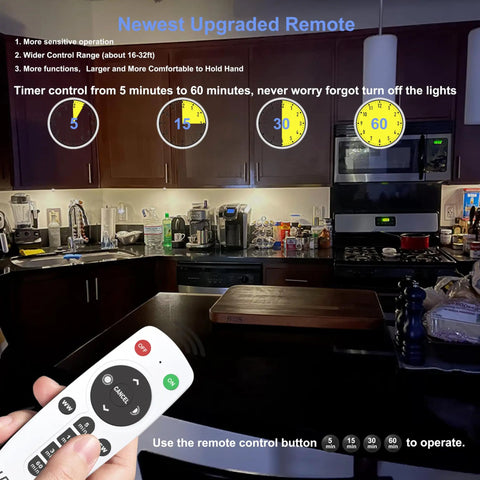 Under Cabinet Lights Wireless With Remote And Touch Control in kitchen setting, remote in hand, showing timer features