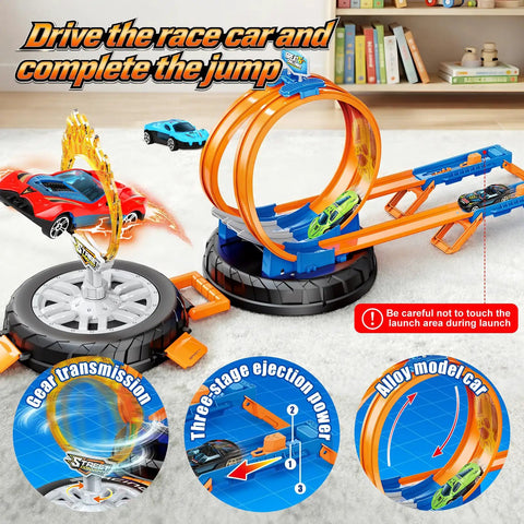Rad Epic 360 Degree Loop Race Car Track Set With Fire Ring Stunt Includes Four One To Sixty Four Scale Cars A Kid Friendly Gift For Boys And Girls Ages Three To Eight showcasing orange track setup and cars launching through fire ring in living room.