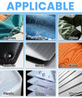 Various materials including canvas, fabric, nylon, leather, metal, wood, plastic, glass, and vinyl showcasing compatibility with Heavy Duty Waterproof Repair Tape For Fabric Tents Awnings RV Roofs Tarps Boat Covers And Outdoor Gear UV Proof Tear Resistant Multipurpose Black Patch That Sticks On Rough Surfaces.