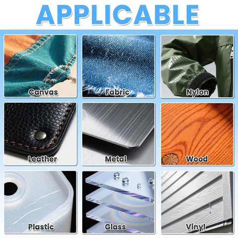 Various materials including canvas, fabric, nylon, leather, metal, wood, plastic, glass, and vinyl showcasing compatibility with Heavy Duty Waterproof Repair Tape For Fabric Tents Awnings RV Roofs Tarps Boat Covers And Outdoor Gear UV Proof Tear Resistant Multipurpose Black Patch That Sticks On Rough Surfaces.