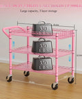 Rock Solid Heavy Duty Pink Metal Rolling Cart With Three Roomy Shelves And Smooth Rolling Wheels showing measurements and weight capacity.