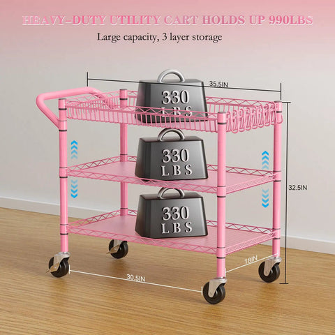 Rock Solid Heavy Duty Pink Metal Rolling Cart With Three Roomy Shelves And Smooth Rolling Wheels showing measurements and weight capacity.