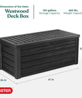 Beefy Westwood 150 Gallon Resin Outdoor Storage Box For Patio Furniture Cushions in dark grey with dimensions shown