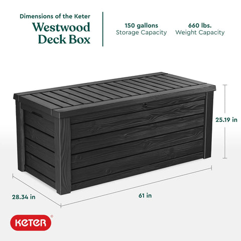 Beefy Westwood 150 Gallon Resin Outdoor Storage Box For Patio Furniture Cushions in dark grey with dimensions shown