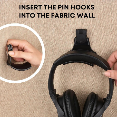 Hands installing Fabric Wall Headphone Stand For Office Cubicle Space Saving Headset Holder Go To Desk Organizer on fabric wall