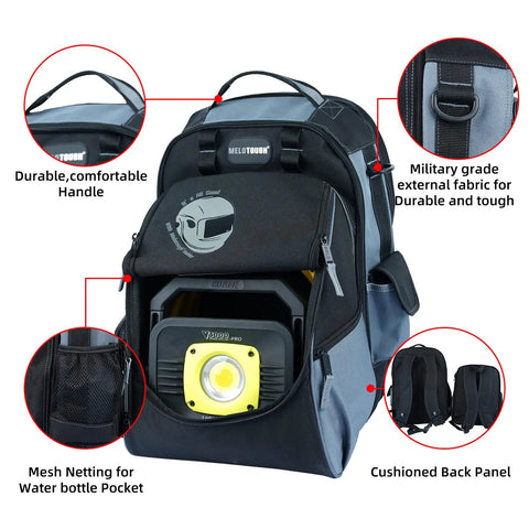 Heavy Duty Welding Backpack For Tools And Helmet, Detachable Helmet Compartment, military grade fabric, cushioned straps, grey