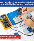 Inventor Lab Starter Kit With Arduino Uno R3 Multimeter 34 Projects visible in hands-on learning setup with handbook.