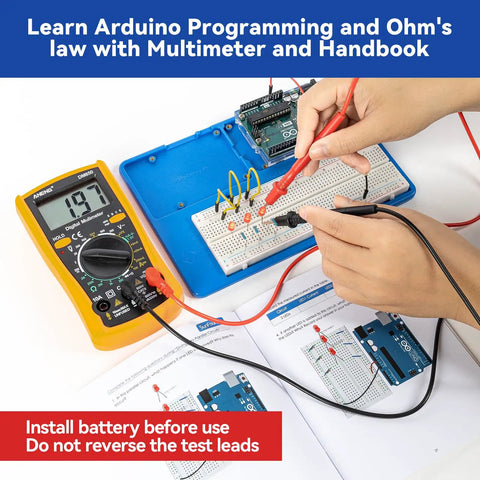 Inventor Lab Starter Kit With Arduino Uno R3 Multimeter 34 Projects visible in hands-on learning setup with handbook.