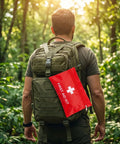Person hiking with a backpack featuring a red first aid kit pouch on a green forest trail