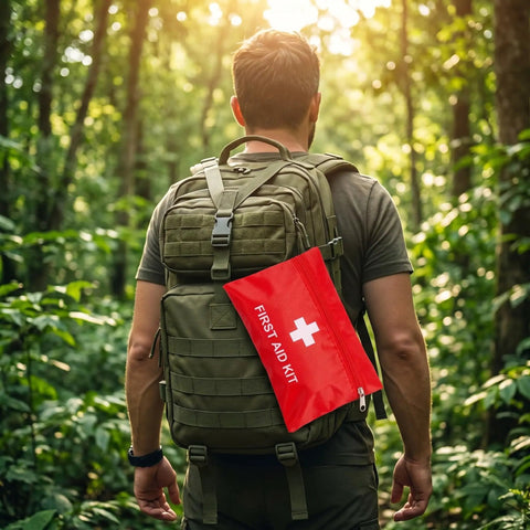 Person hiking with a backpack featuring a red first aid kit pouch on a green forest trail