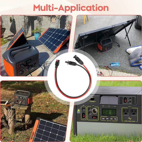 10AWG Solar Panel Cable Connector Kit Beefy Copper Wire 1.6 Ft Extension Compatible With Solar Connector Anderson Connector For RV And Portable Solar Generators Like Yeti And Renogy displayed with various solar setups.