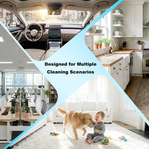 Collage of cleaning scenarios with HEPA Filter For DC515, DCV517 And DCV517B Wet And Dry Vacuums use in car, kitchen, office, living room