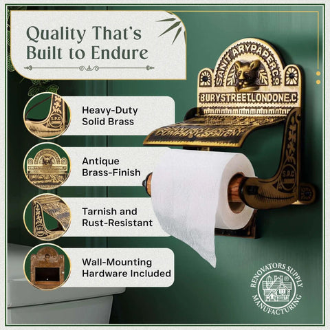 Antique Brass Wall Mount Toilet Paper Holder With Lid 6.9 Inch Wide Victorian Style Rust Resistant Solid Brass Bathroom