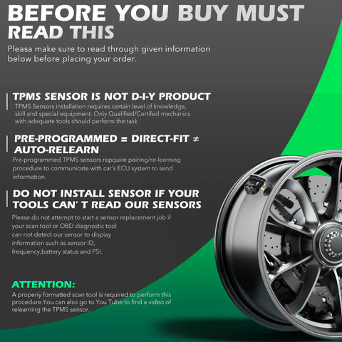 Pre Programmed Tire Pressure Sensor Fits Buick Chevy Gmc Cadillac Suzuki Hummer shown with installation instructions and wheel.