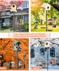 Squirrel Proof Bird Feeder Pole Kit with bird feeders and bath tray, shown in spring, summer, autumn, and winter seasons.