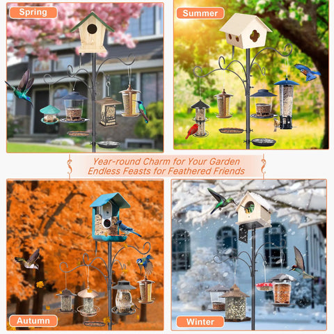 Squirrel Proof Bird Feeder Pole Kit with bird feeders and bath tray, shown in spring, summer, autumn, and winter seasons.