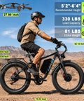 Huge 9000W Peak Dual Motor Electric Bike For Adults With Insane Speed Up To 47 Mph And Heavy Duty Build For Climbing Steep Slopes Like A Pro. Black fat-tire e-bike with rider, 330 lb capacity, 58V battery, and 73.22 inch frame