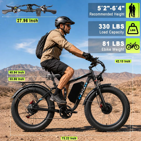 Huge 9000W Peak Dual Motor Electric Bike For Adults With Insane Speed Up To 47 Mph And Heavy Duty Build For Climbing Steep Slopes Like A Pro. Black fat-tire e-bike with rider, 330 lb capacity, 58V battery, and 73.22 inch frame