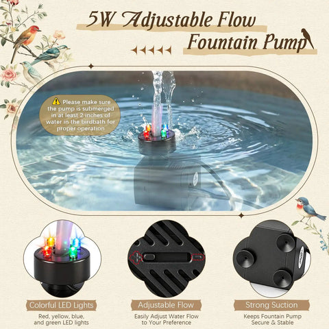 Outdoor Bird Bath Fountain With LED Light And 5W Submersible Pump Crystal Ball Accent Vintage White Resin Tower Water Feature For Garden Yard Patio Or Pond Easy To Install And Weather Resistant For Birds And Pets, showing colorful LED lights and adjustable flow pump.