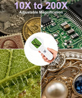 Autofocus Digital Microscope Portable Handheld Scope With 2In IPS Screen And Dual LED Lights 10-200X Zoom For Easy Coin And Jewelry Check Grab And Go For Adults And Kids With Clear Macro View, handheld white device over coin, circuit, leaf, and jewelry closeups