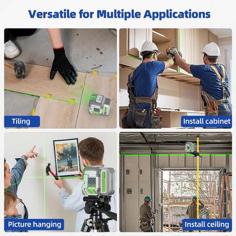 Rechargeable Self Leveling Green Laser Level With Outdoor Pulse Mode, 360 Degree Magnetic Bracket, 18 Hour Runtime, Compact Pro Grade Design, Hard Carrying Case Included, Ideal For Indoors Or Outdoors DIY Framing And Installations used for tiling, cabinets, hanging pictures, and ceilings