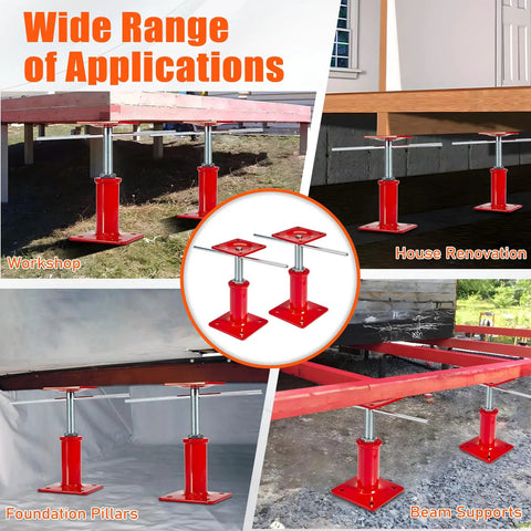 Built Like A Tank Heavy Duty 4 Pack Foundation Jacks With Swiveling Tops Adjustable 7 To 11 Inches Holding 11023 Pounds used as beam supports in various settings.