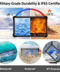 13.3 Inch Heavy Duty Rugged Tablet With Windows 11 showing military-grade durability, IP65 waterproof, dustproof, 4FT drop-proof.