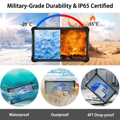 13.3 Inch Heavy Duty Rugged Tablet With Windows 11 showing military-grade durability, IP65 waterproof, dustproof, 4FT drop-proof.