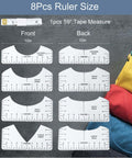 9 Piece T Shirt Alignment Ruler Set For Easy Centering Of Vinyl Designs On Heat Presses Includes Four Size PVC Rulers 10x5 10x4.5 10x3.5 10x2.5 And A 59 Inch Soft Measuring Tape Transparent Front And Back Measurement Guides For Kids Teens And Adults.