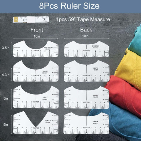 9 Piece T Shirt Alignment Ruler Set For Easy Centering Of Vinyl Designs On Heat Presses Includes Four Size PVC Rulers 10x5 10x4.5 10x3.5 10x2.5 And A 59 Inch Soft Measuring Tape Transparent Front And Back Measurement Guides For Kids Teens And Adults.