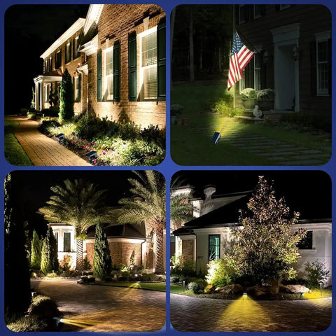 Three Mode Solar Outdoor Spot Lights No Wiring Required Auto On Off Waterproof Landscape Lighting illuminating paths and gardens