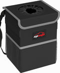 Waterproof Car Trash Can With Lid And Storage Pockets Two Point Five Gallon Capacity Leak Proof Interior, black with strap and pockets