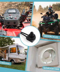 Waterproof 12V Push Button Switch On Off SPST With 4.5 Inch Leads used in ATVs and bathroom fans, showcased with outdoor vehicles.