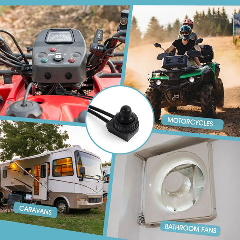 Waterproof 12V Push Button Switch On Off SPST With 4.5 Inch Leads used in ATVs and bathroom fans, showcased with outdoor vehicles.