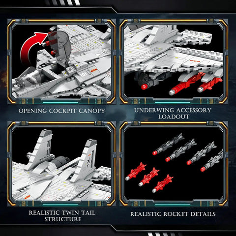 J-15 Fighter Jet Building Set For Adults And Hobbyists, Ultra Detailed Model Aircraft Kit showing cockpit canopy, accessories, tail and rockets