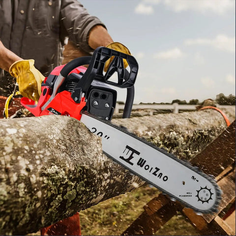 Man using 58Cc Gas Chainsaw With Quick Switch Dual Bars 18 And 20 Inch For Firewood Chopping And Woodwork in outdoor setting