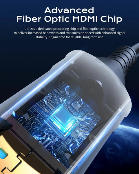 Close-up of the advanced fiber optic HDMI chip with intricate circuitry, part of the Ridiculously Durable Fifty Foot Fiber Optic Hdmi Cable Screaming Fast 48Gbps.