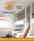 Coastal Boho 20 Inch Ceiling Fan With Light Rattan Caged Flush Mount in a modern room, low ceiling, bunk beds visible.