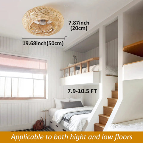 Coastal Boho 20 Inch Ceiling Fan With Light Rattan Caged Flush Mount in a modern room, low ceiling, bunk beds visible.