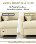 Hella Tough Canvas Repair Tape 4X70 Inch Self Adhesive Fabric Patch With Double Waterproof Coating used on couch repair before and after.