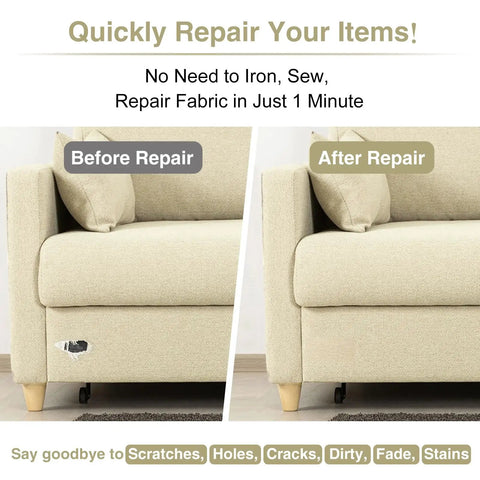 Hella Tough Canvas Repair Tape 4X70 Inch Self Adhesive Fabric Patch With Double Waterproof Coating used on couch repair before and after.