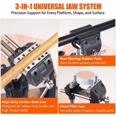 Heavy Duty 360 Degree Swivel Bench Gun Vise With Dual Table Clamps And No Sweat Zero Drill Mounting For Rugged Stability and Easy Range Maintenance Routines showcasing carbon steel jaws and rubber pads.