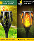 Six Pack 51 LED Solar Torch Lights With Flickering Flame 23 Inch Tall showing solar charging and automatic night lighting