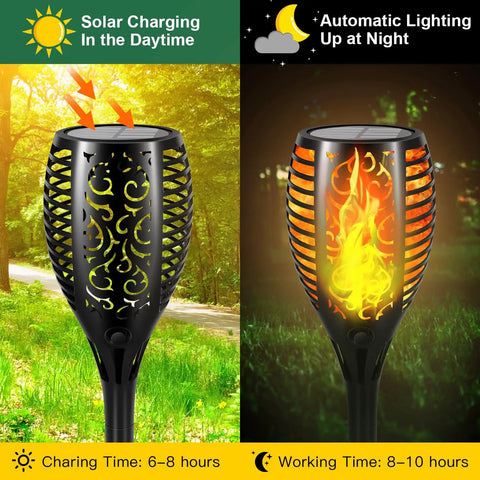 Six Pack 51 LED Solar Torch Lights With Flickering Flame 23 Inch Tall showing solar charging and automatic night lighting