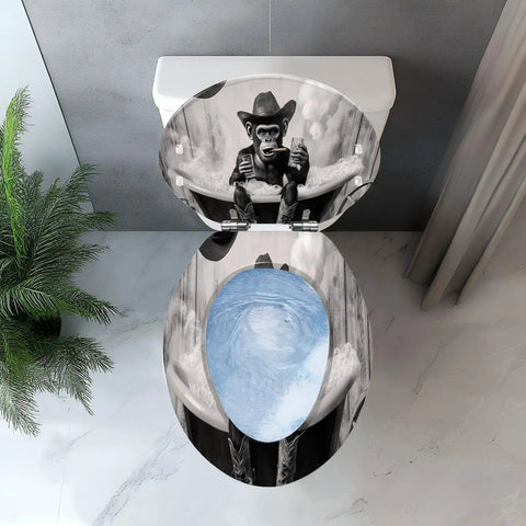 Elongated Resin Toilet Seat For Bathroom featuring a monkey in a bathtub design, top view showcasing unique artwork.