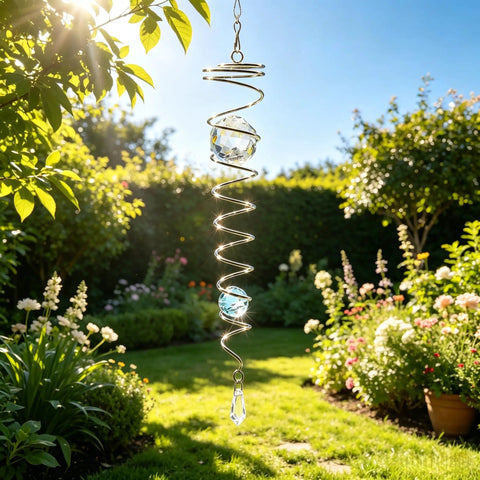 Spiral Tail Wind Spinner Gazing Ball For Indoor Outdoor Decor, 13 Inch Light Blue Crystal Glass Ball With Stainless Steel Frame, Hanging Swivel Hook, Durable Sparkle Ornament For Yard Or Patio That Pops hanging in a sunny garden